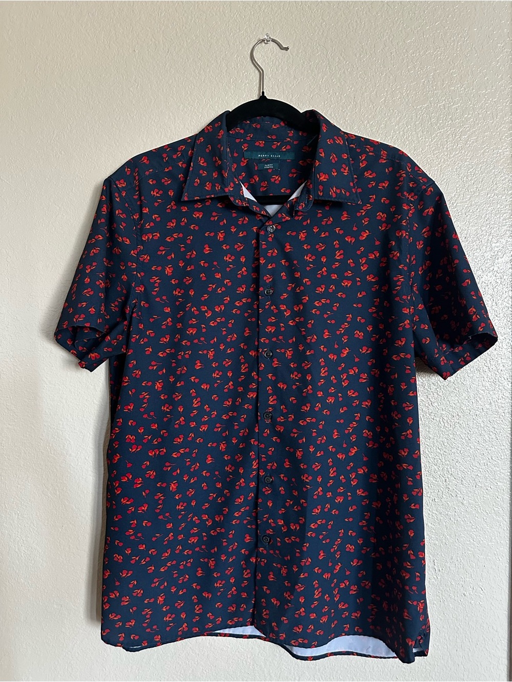 Perry Ellis Men’s Slim Fit Stretch Floral Shirt Navy Red Short Sleeve